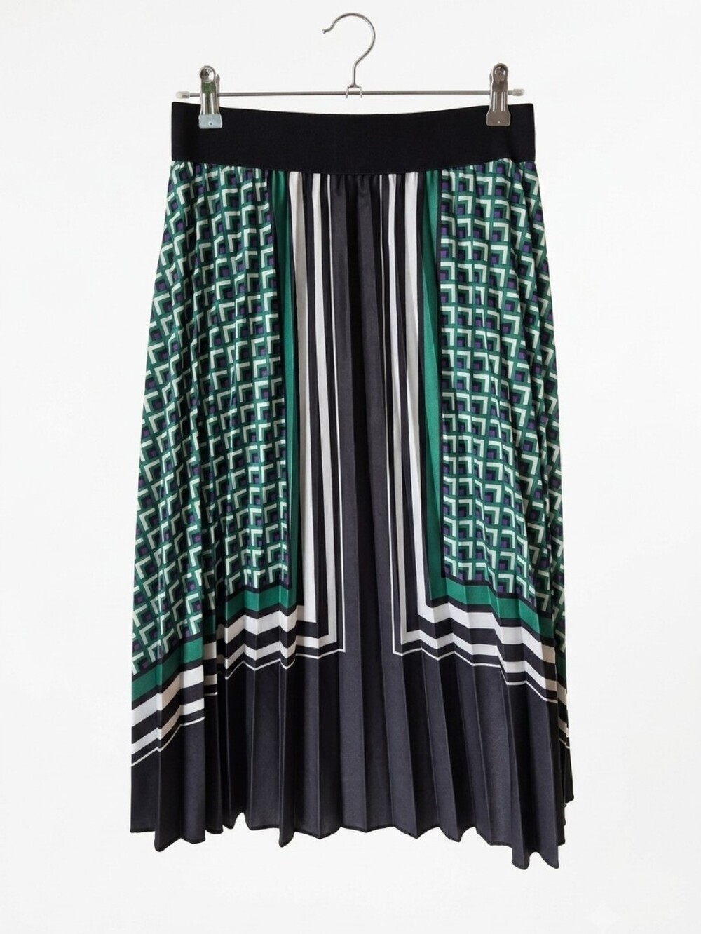 Metro Wear Black and Green Geometric Pleated Midi Skirt
